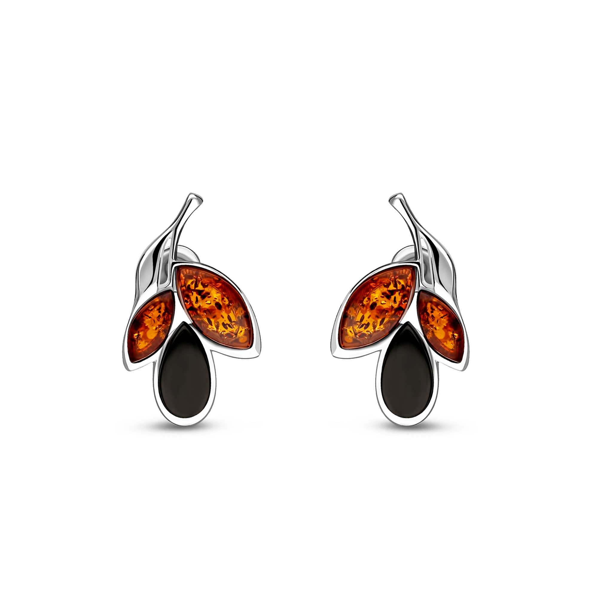 Sterling Silver Whitby Jet & Amber Three Leaf Stud Earrings