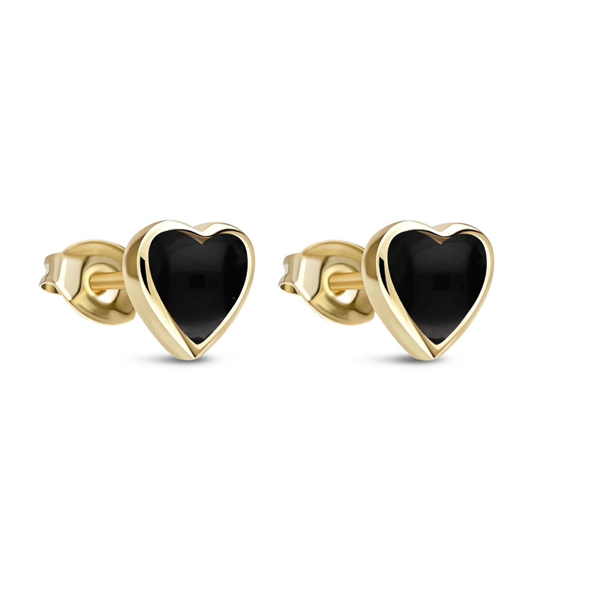 9ct Yellow Gold Whitby Jet Large Heart Stud Earrings