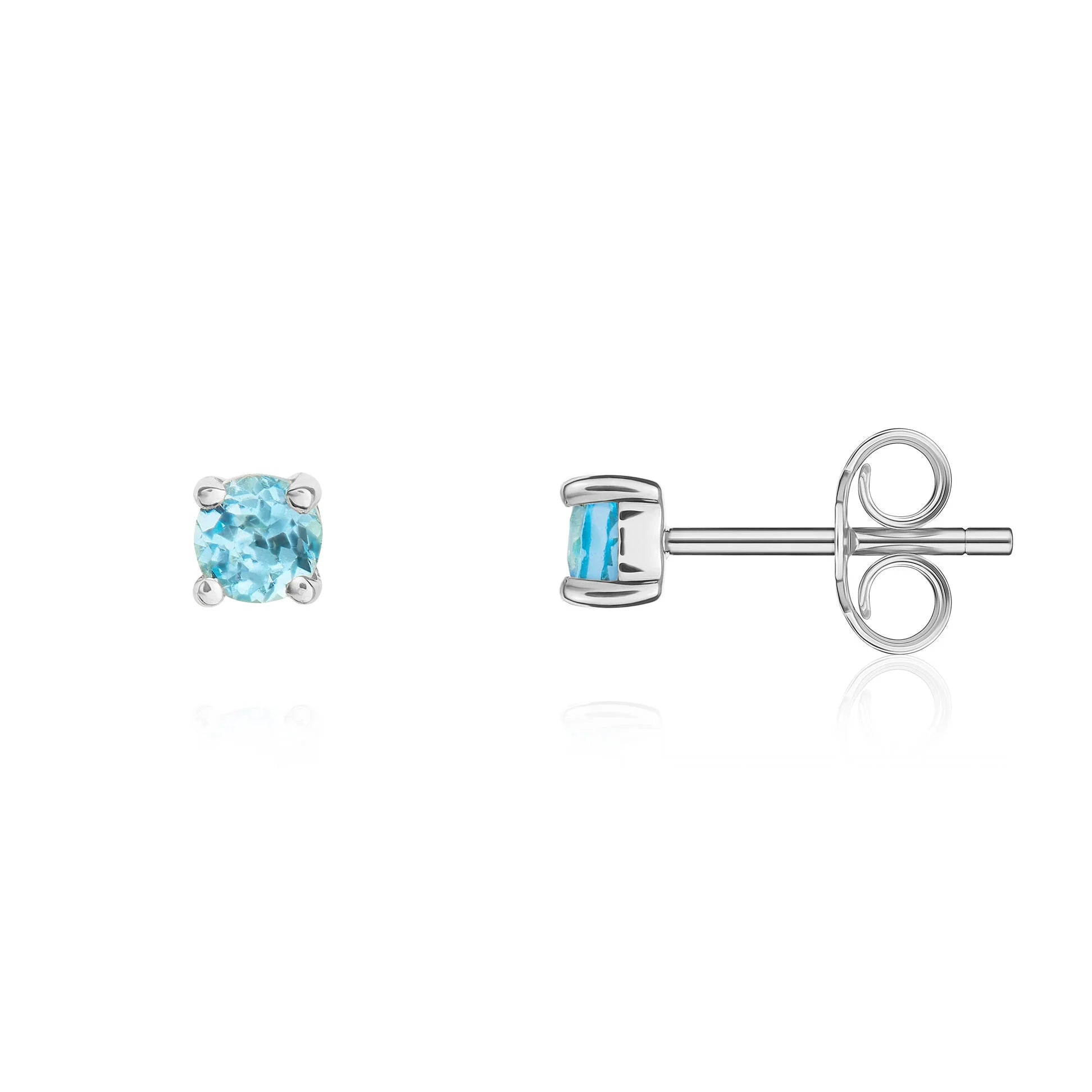 9ct White Gold Swiss Blue Topaz 3mm Round 4-Claw Stud Earrings