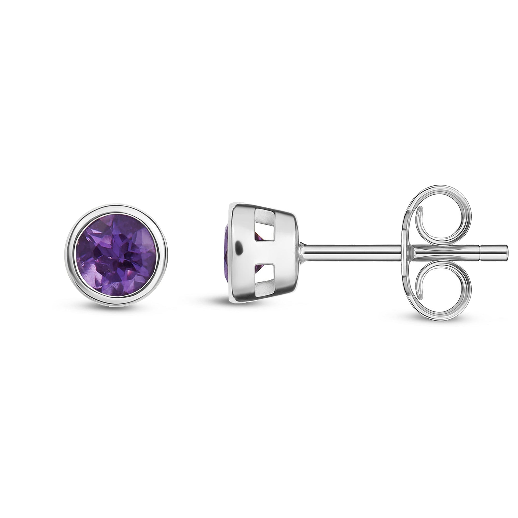 9ct White Gold Amethyst 3mm Round Rubover Stud Earrings