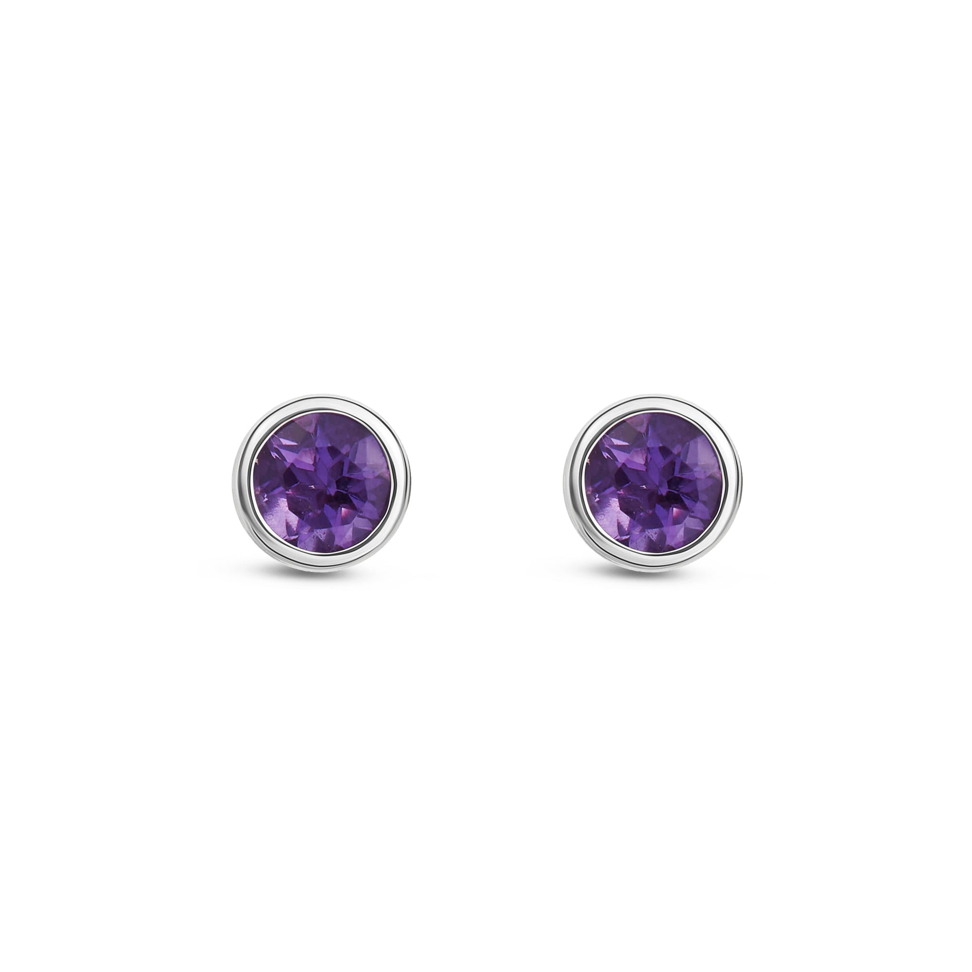 9ct White Gold Amethyst 3mm Round Rubover Stud Earrings