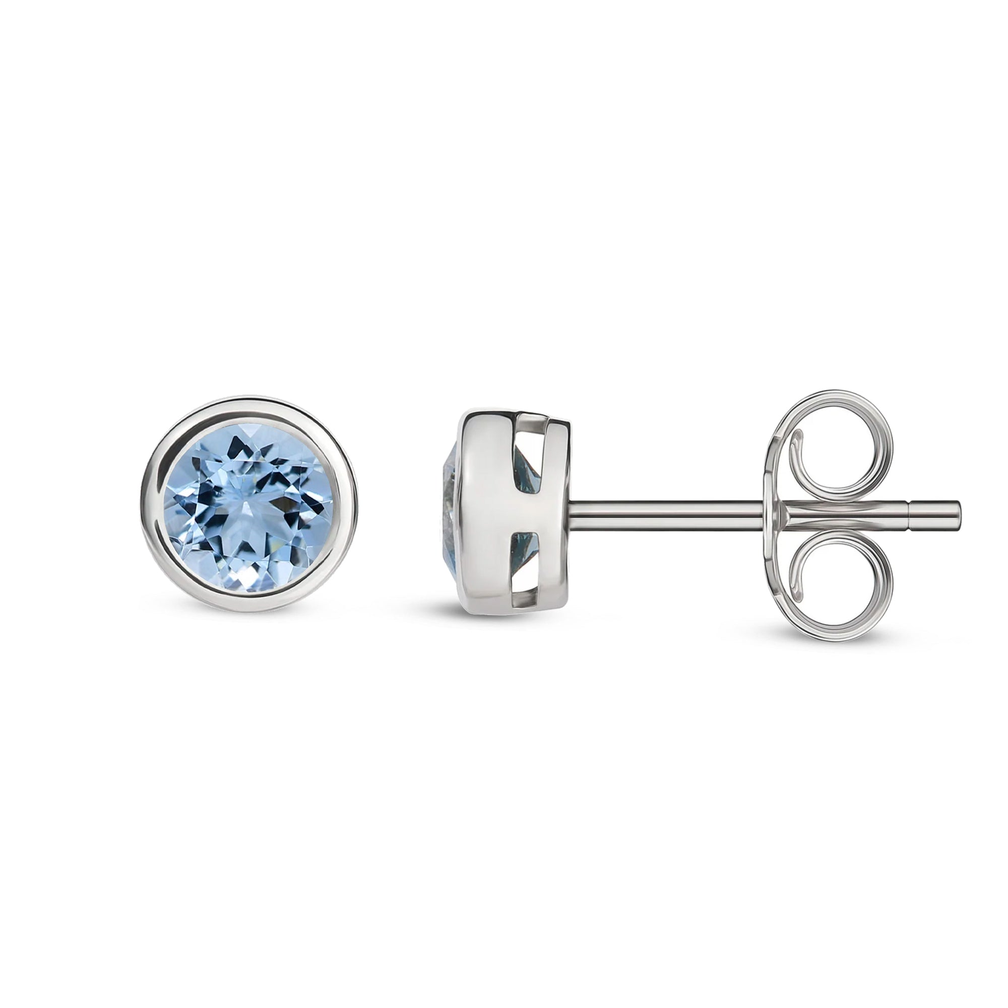 9ct White Gold Aquamarine 4mm Round Rubover Stud Earrings