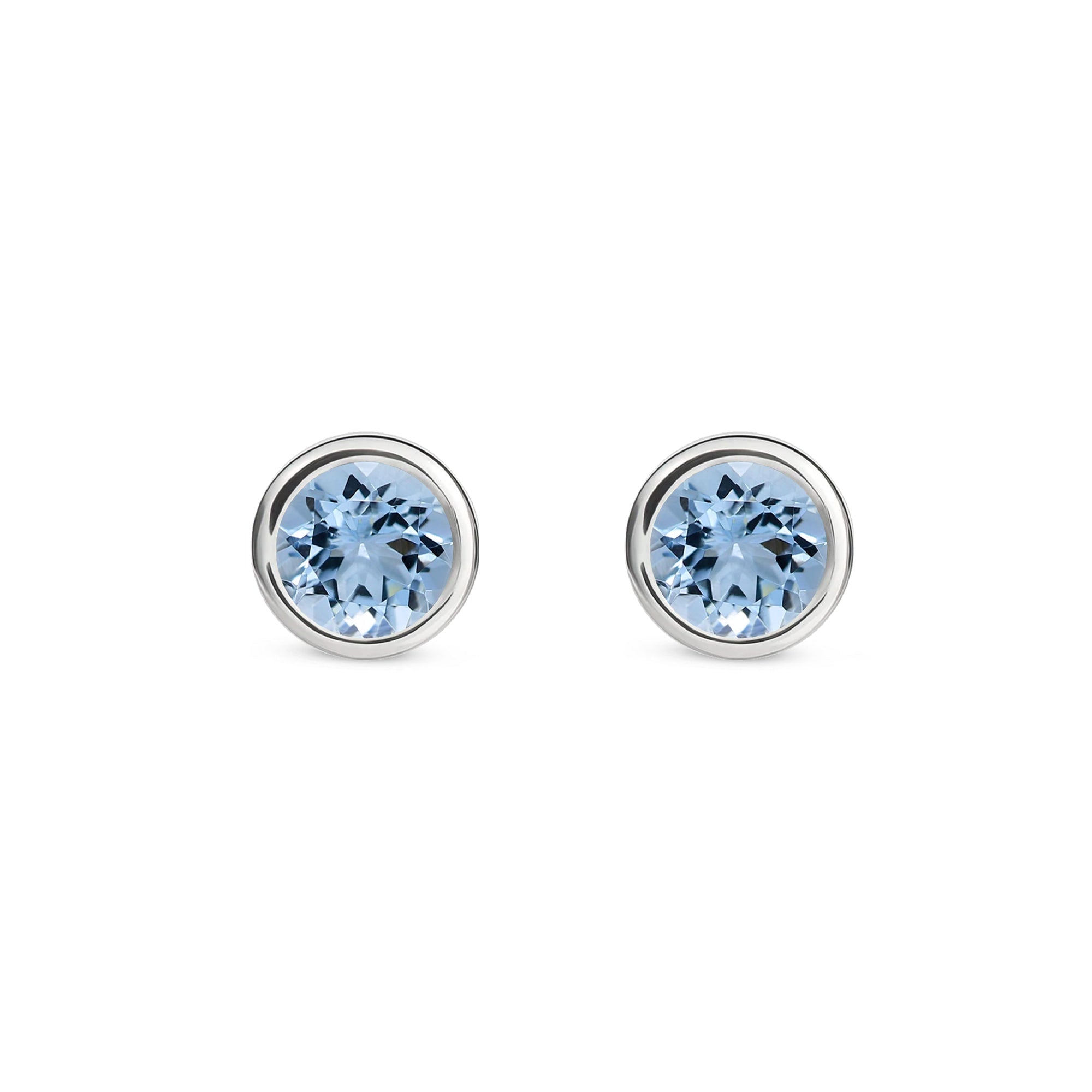 9ct White Gold Aquamarine 4mm Round Rubover Stud Earrings