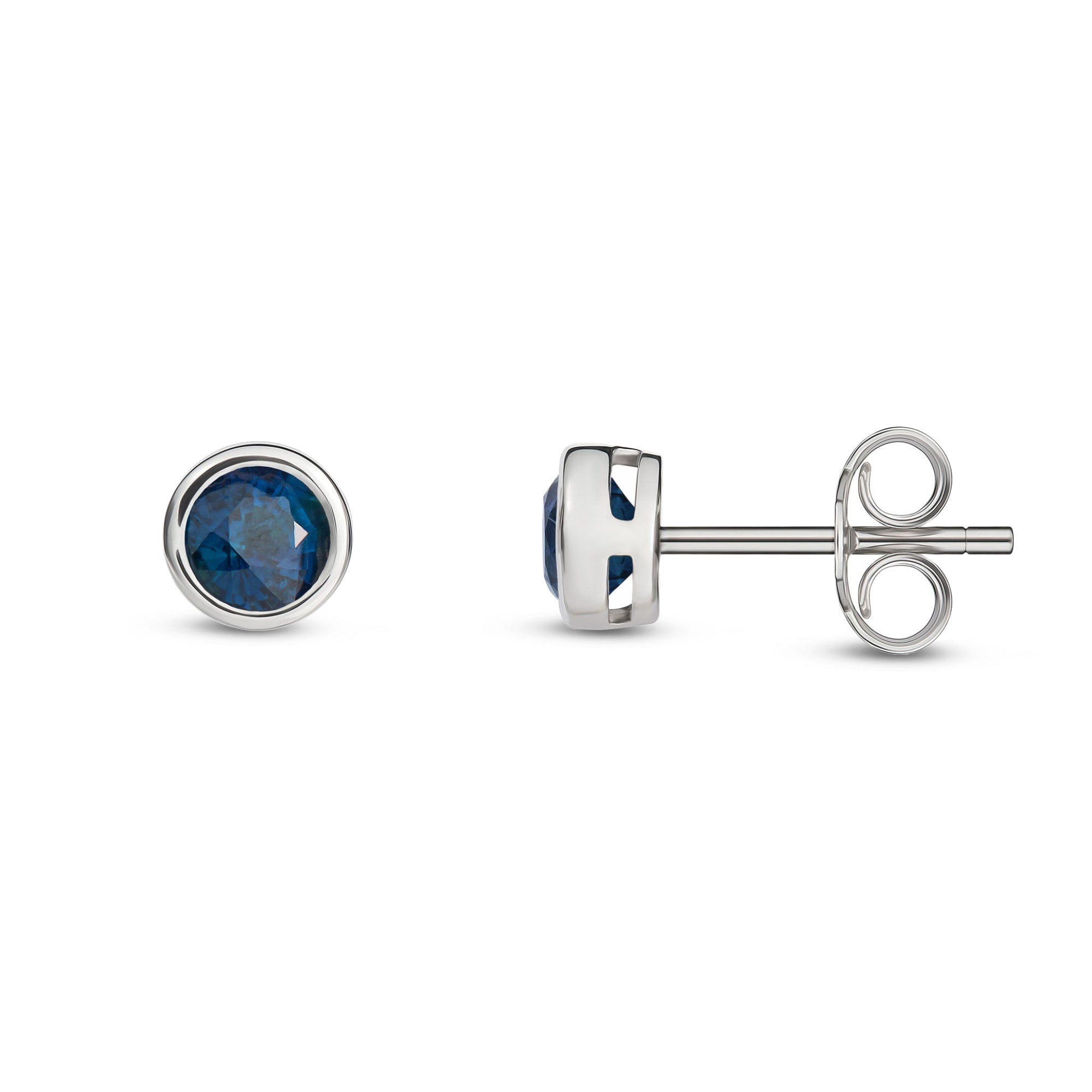 9ct White Gold Sapphire 4mm Round Rubover Stud Earrings