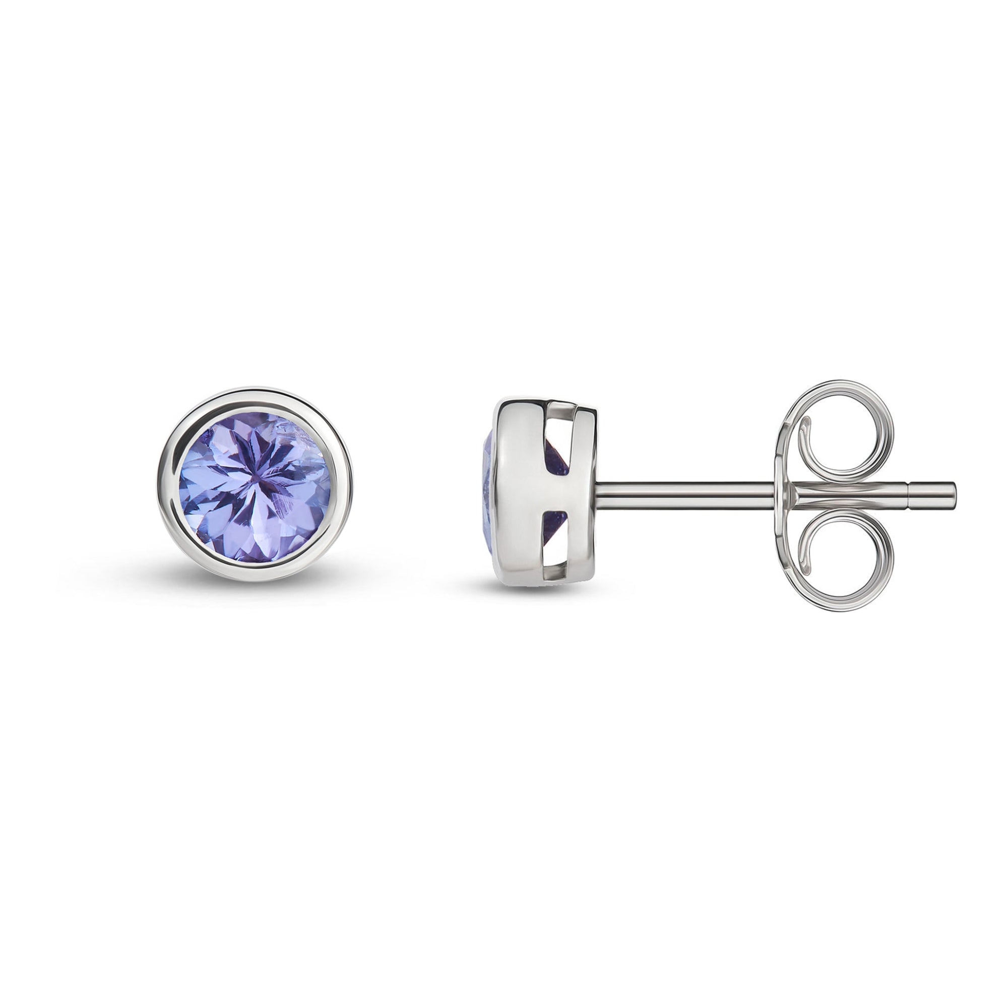 9ct White Gold Tanzanite 4mm Round Rubover Stud Earrings