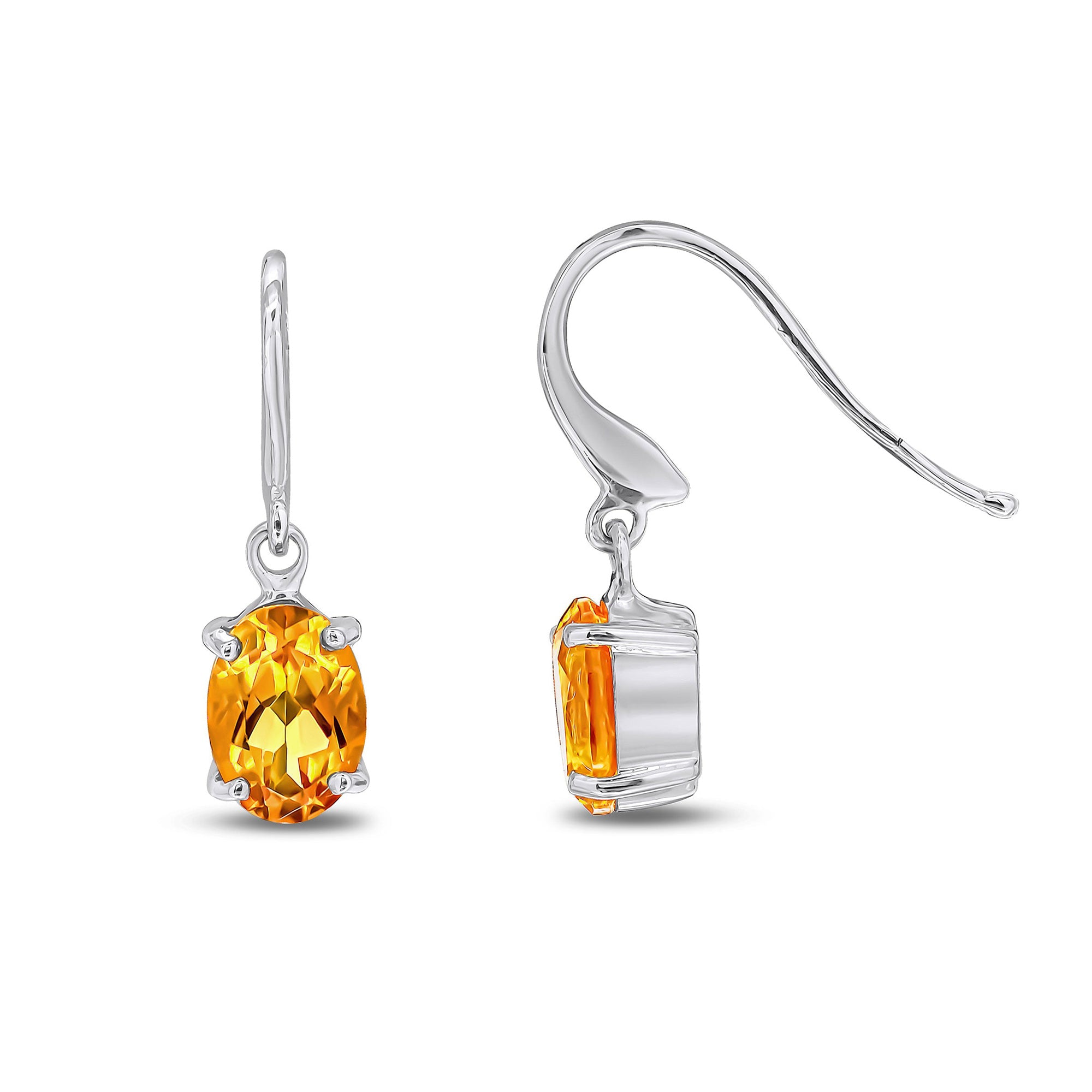 9ct White Gold Citrine Oval 4-Claw Drop Earrings 7x5mm
