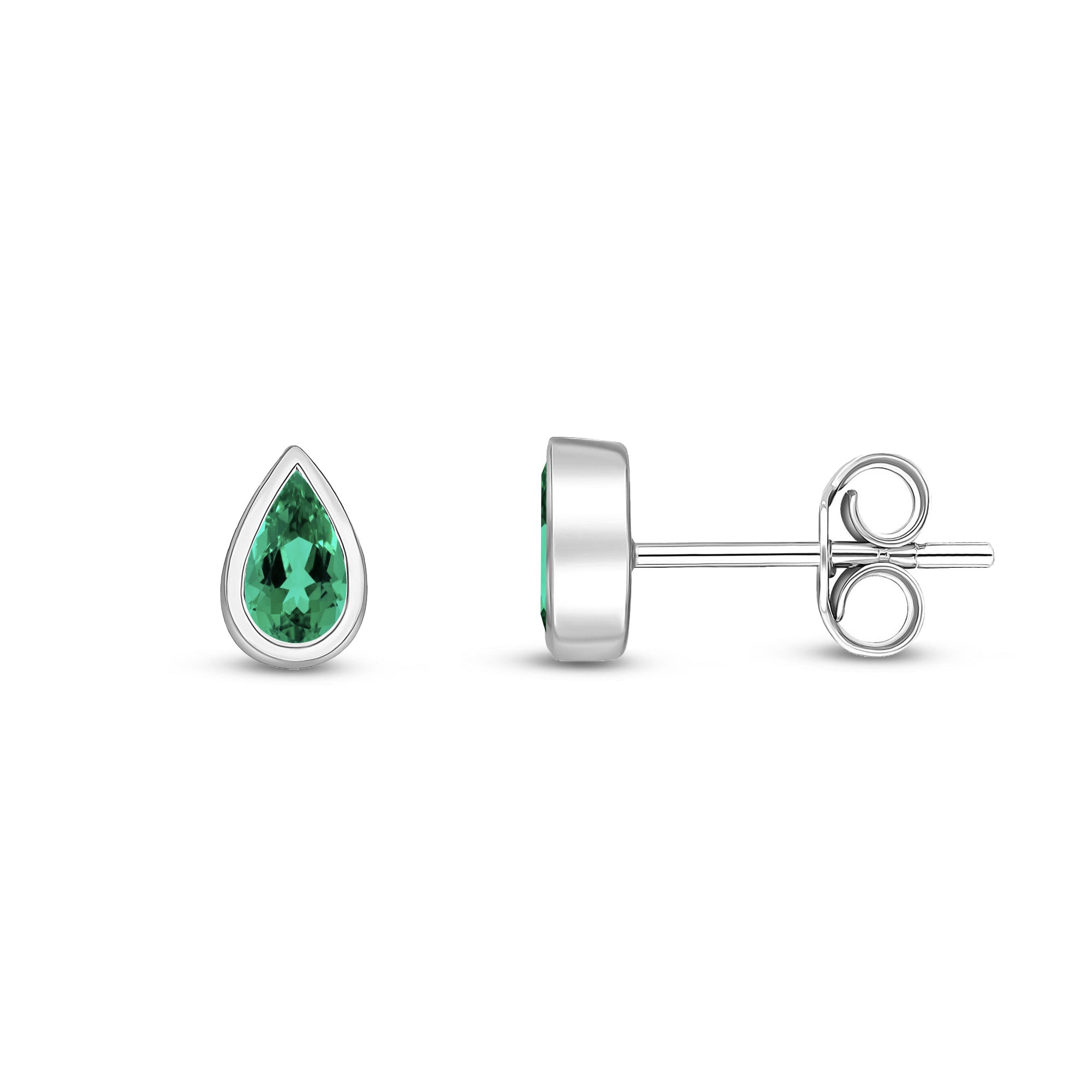 9ct White Gold Emerald Pear Rubover Stud Earrings 5x3mm