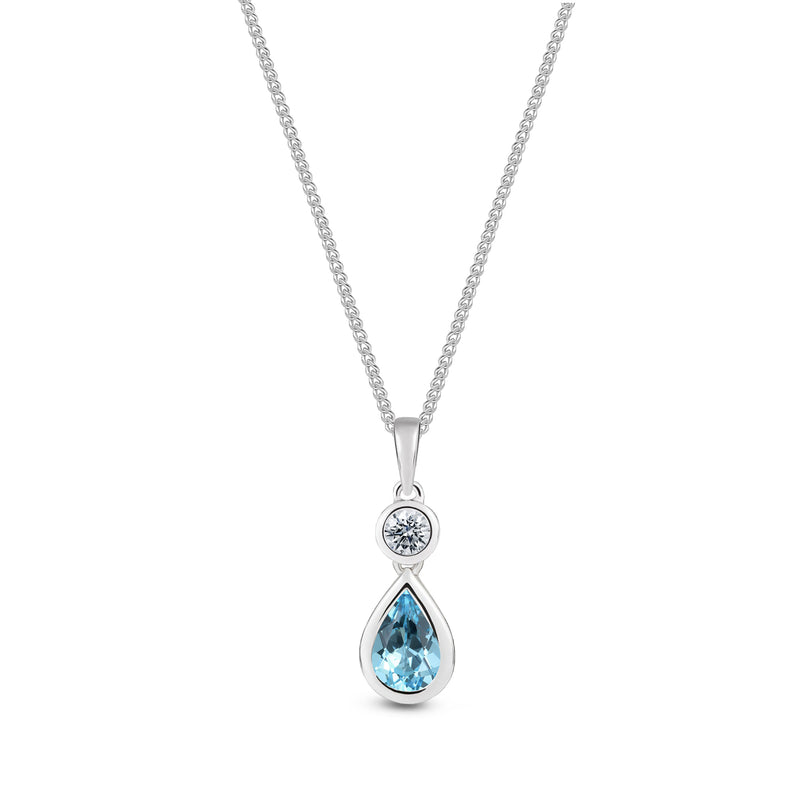 18ct White Gold Diamond & Aquamarine Round & Pear Rubover Pendant 0.41ct