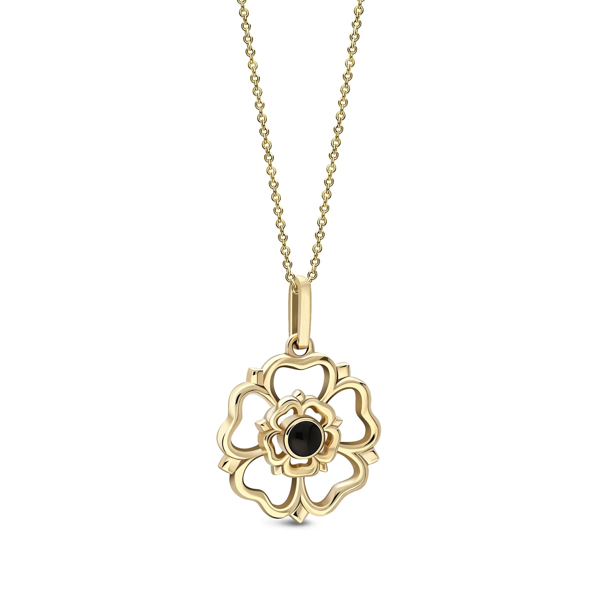 9ct Yellow Gold Whitby Jet Yorkshire Rose Pendant