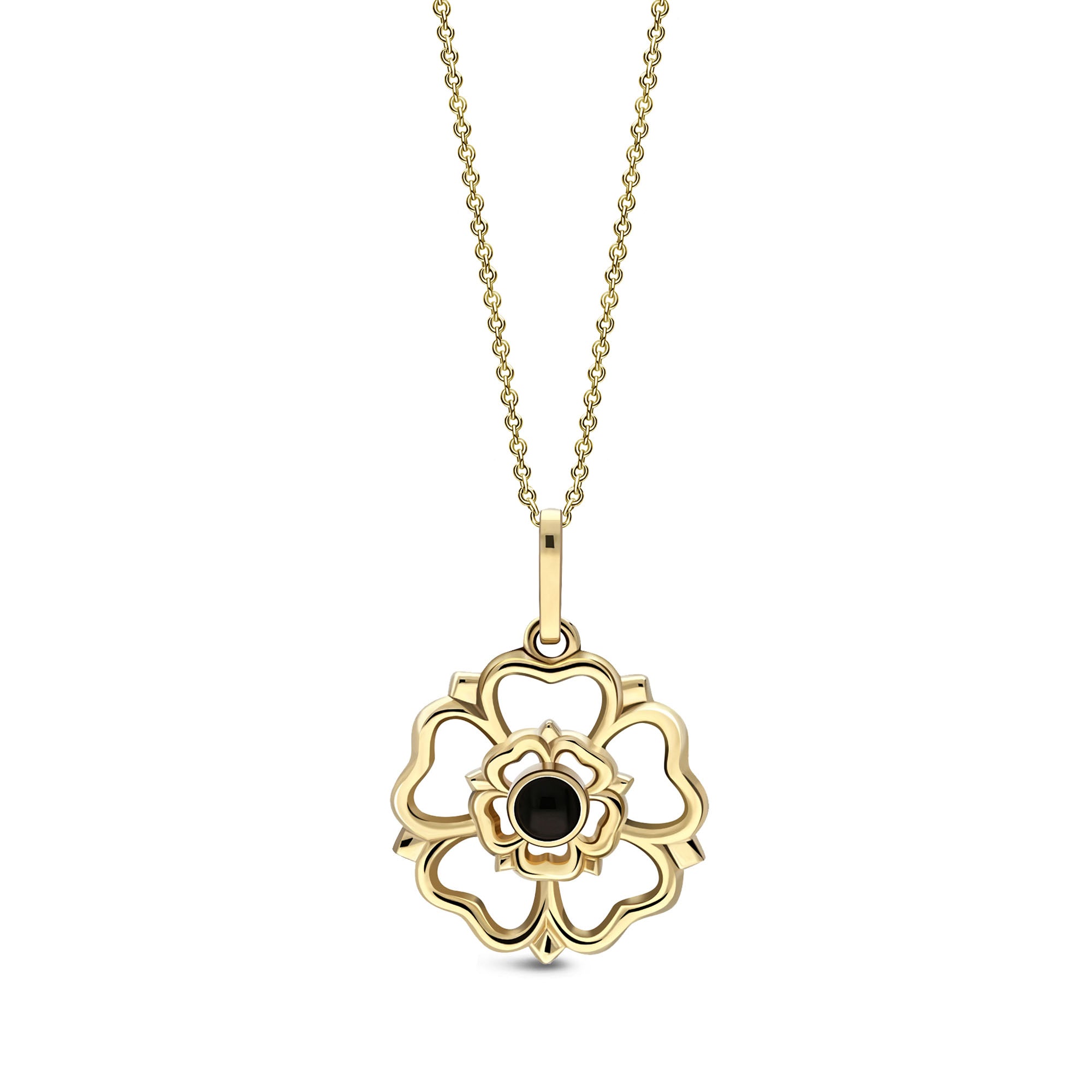 9ct Yellow Gold Whitby Jet Yorkshire Rose Pendant