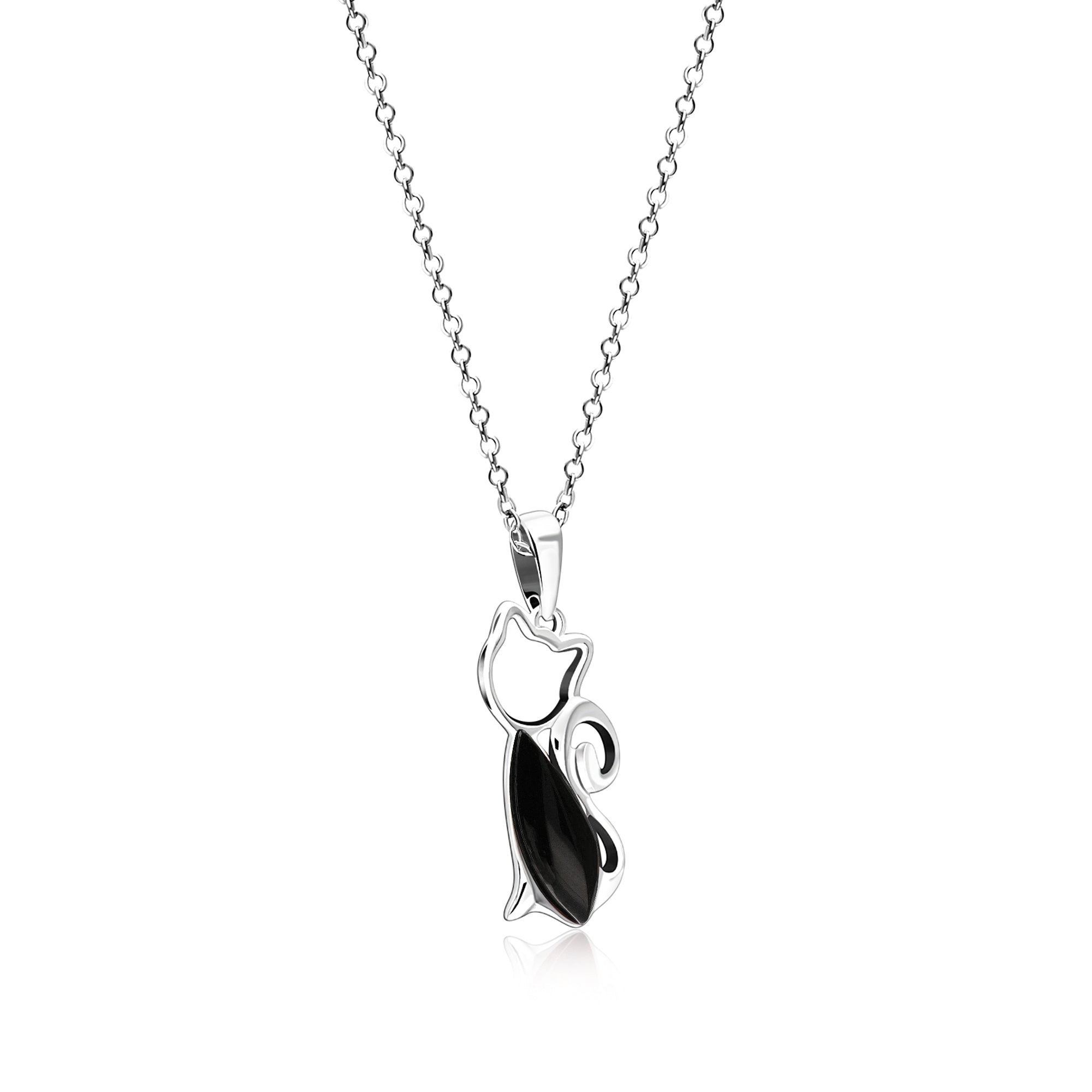 Sterling Silver Whitby Jet Marquise Cat Pendant