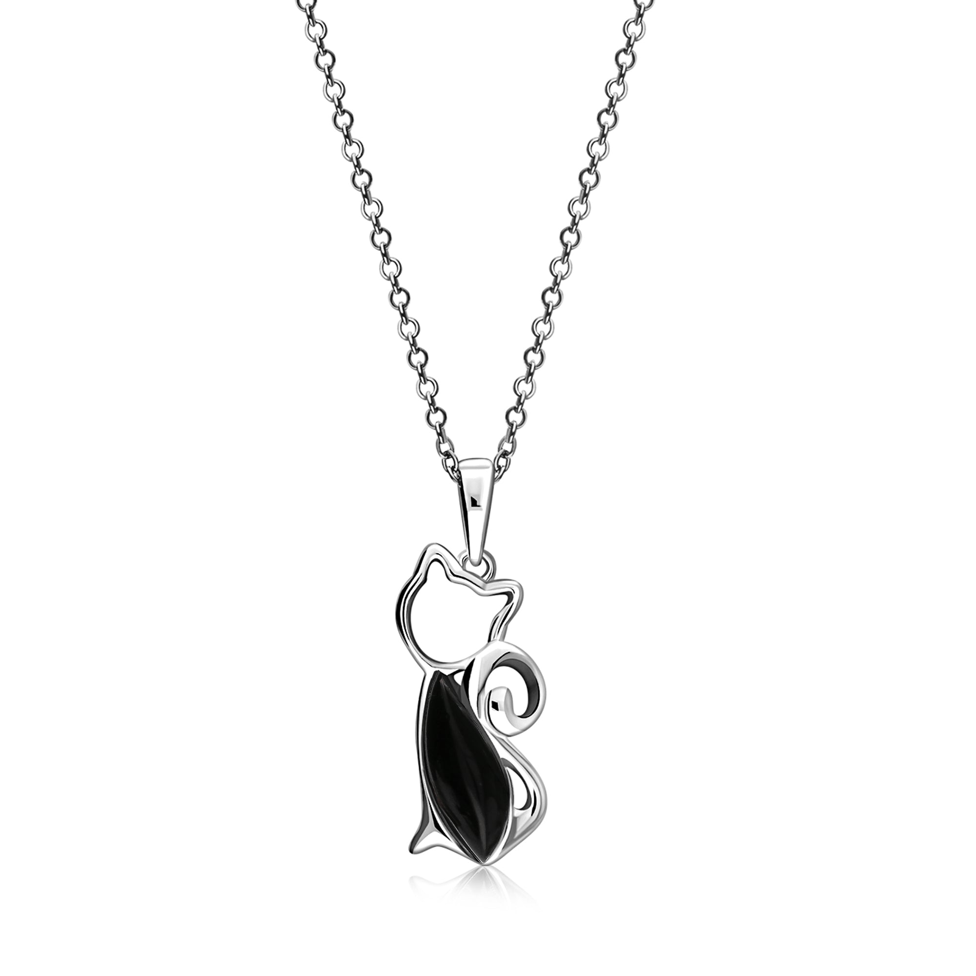 Sterling Silver Whitby Jet Marquise Cat Pendant