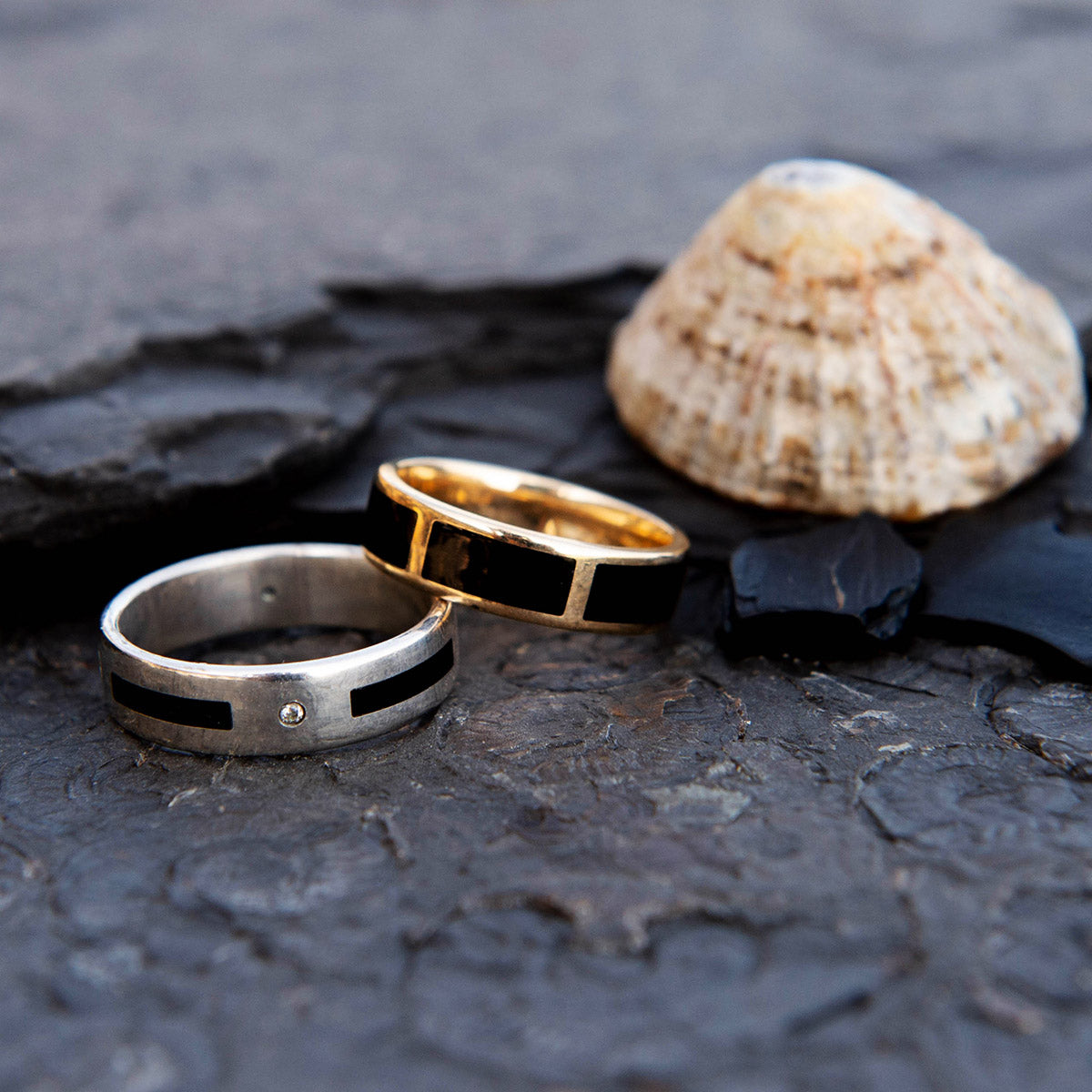 Whitby Jet Inlaid Wedding Rings