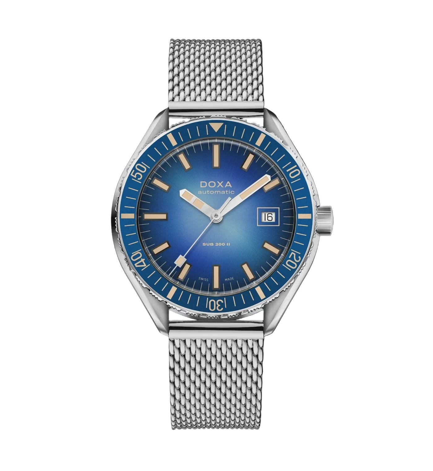 A Doxa Automatic watch with a blue dial, blue bezel, and silver stainless steel mesh bracelet, shown against a solid black background.