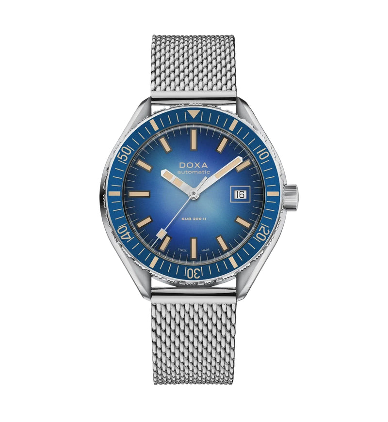 A Doxa Automatic watch with a blue dial, blue bezel, and silver stainless steel mesh bracelet, shown against a solid black background.