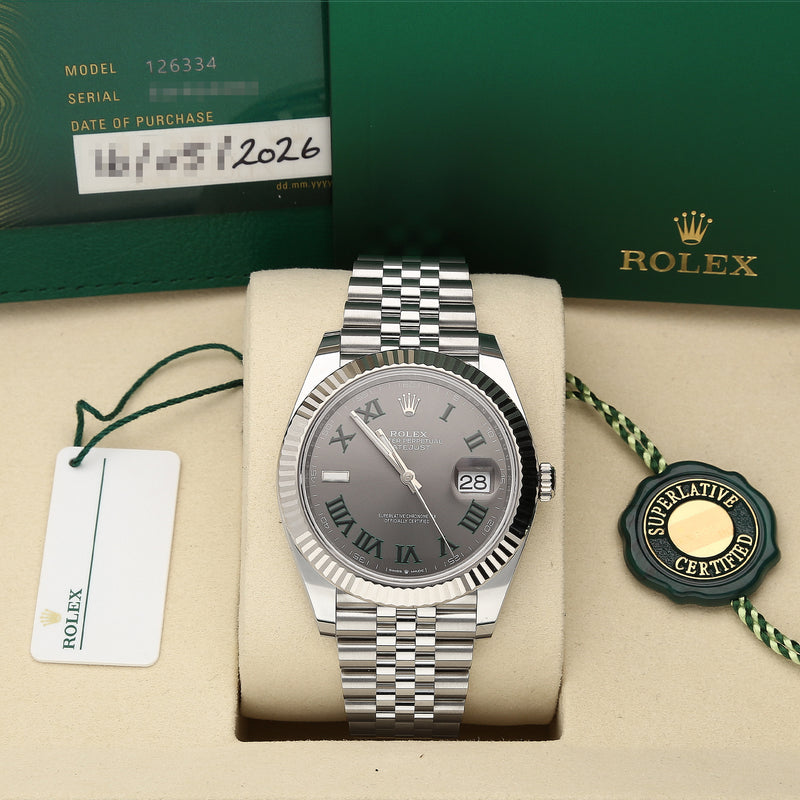 Unworn Rolex Datejust 41mm Wimbledon Dial 126334 – 2026, Jubilee Bracelet, Full Set
