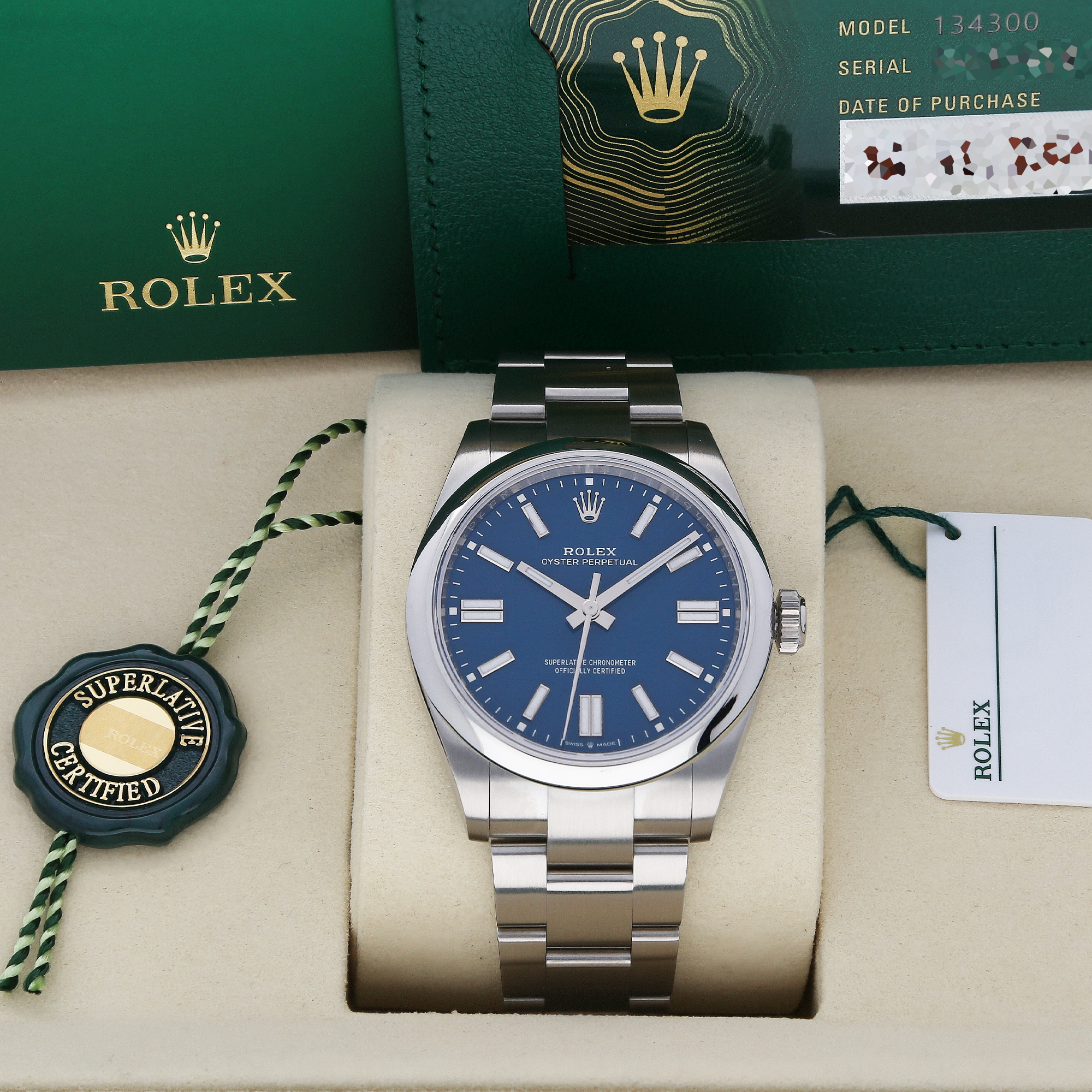 Unworn Rolex Oyster Perpetual 134300 Med Blue Dial 41mm Stainless Steel Watch – 2025, Full Set