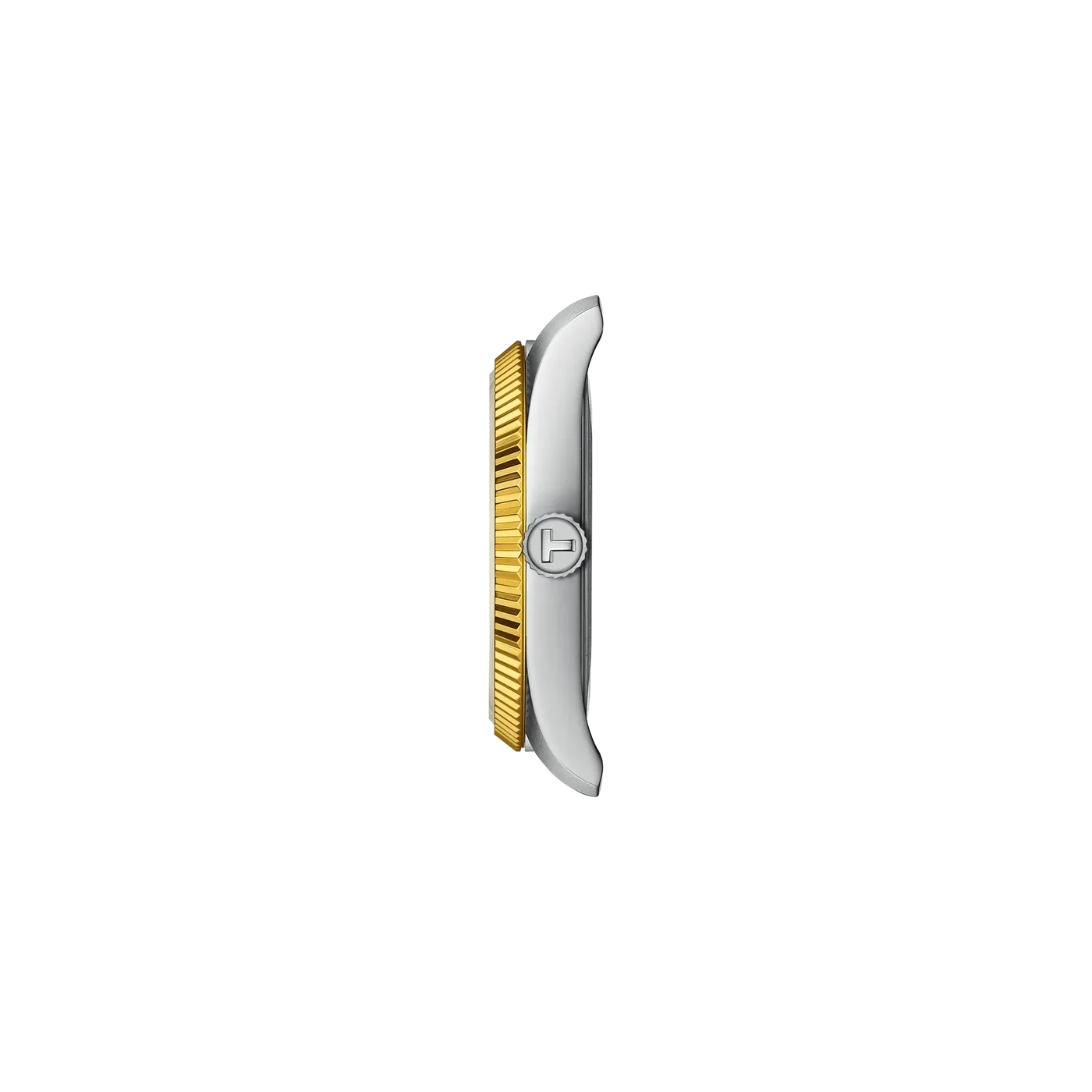Side profile of the Tissot Ballade T156.210.22.031.00 showing the polished stainless steel case, yellow gold PVD fluted bezel and Tissot engraved crown.