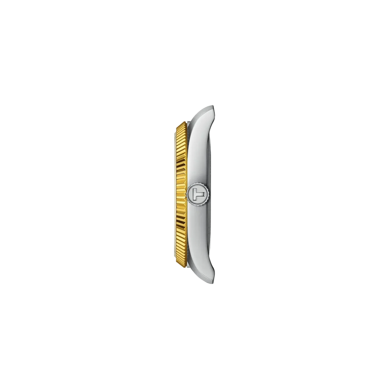 Side profile of the Tissot Ballade T156.210.22.031.00 showing the polished stainless steel case, yellow gold PVD fluted bezel and Tissot engraved crown.