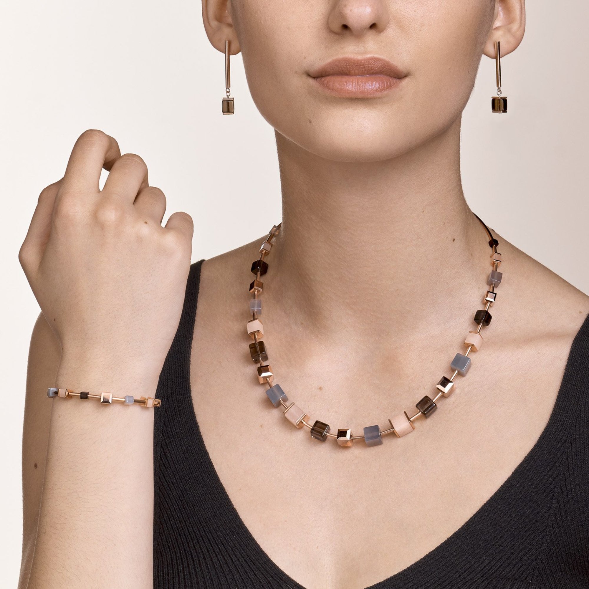 GeoCUBE Big Gemstones, Swarovski Crystals & Stainless Steel Rose Gold Brown Earrings