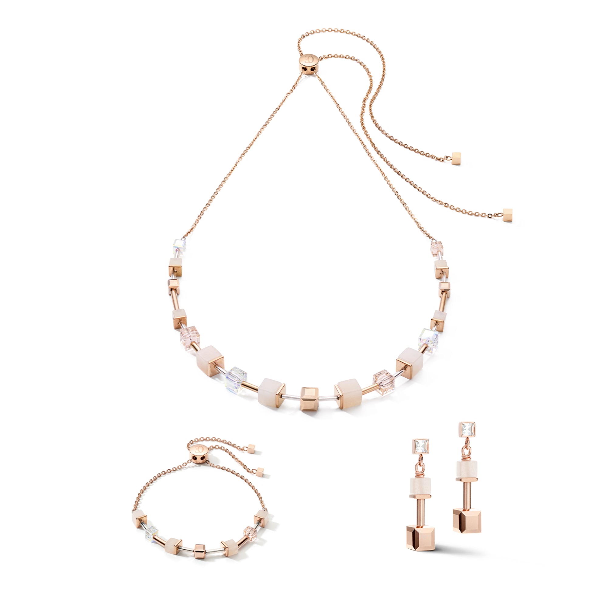 GeoCUBE Big Gemstones, Swarovski Crystals & Stainless Steel Rose Gold Peach Necklace