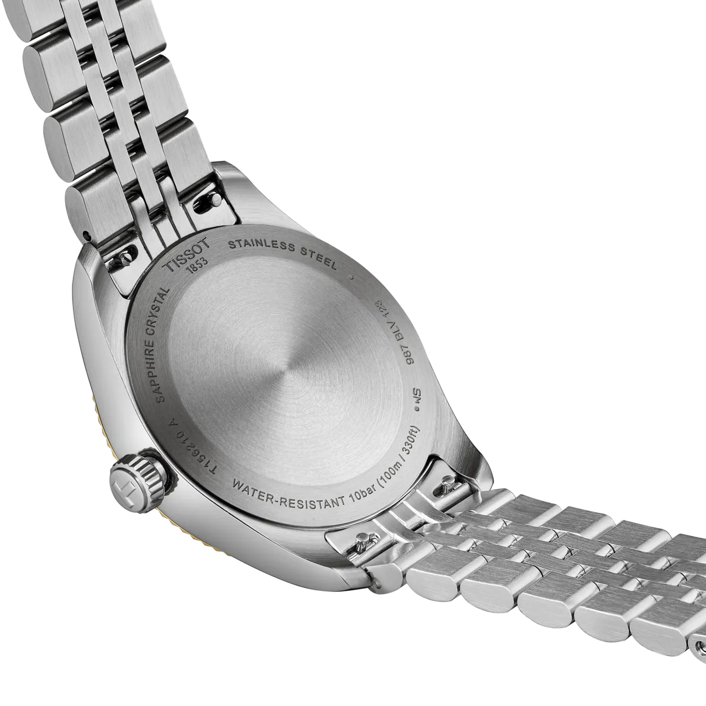 Rear view of the Tissot Ballade T156.210.22.031.00 showing the stainless steel case back, quick-release bracelet attachment and 100m water resistance.