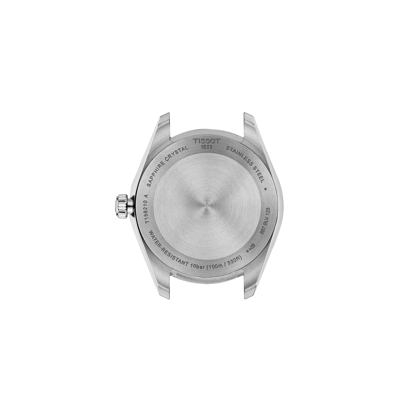 Rear view of the Tissot Ballade T156.210.22.031.00 stainless steel watch case, featuring an engraved case back and 100m water resistance.