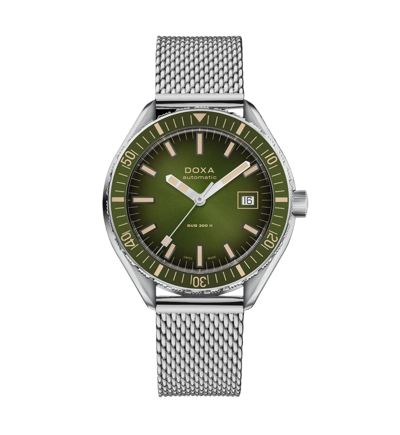 A Doxa Automatic watch with a green dial, olive green rotating bezel, and a silver stainless steel mesh bracelet, shown against a solid black background.
