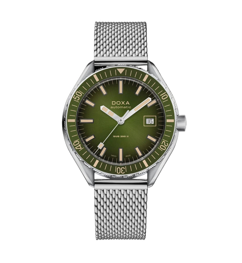 A Doxa Automatic watch with a green dial, olive green rotating bezel, and a silver stainless steel mesh bracelet, shown against a solid black background.