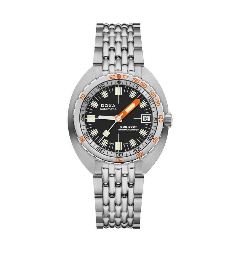 A Doxa Sub-Subt Perlenummer wristwatch with a silver stainless steel case and integrated bracelet, featuring a black dial with white Arabic numerals, an orange-tipped second hand, and a silver bezel with orange minute markings, set against a solid black background.