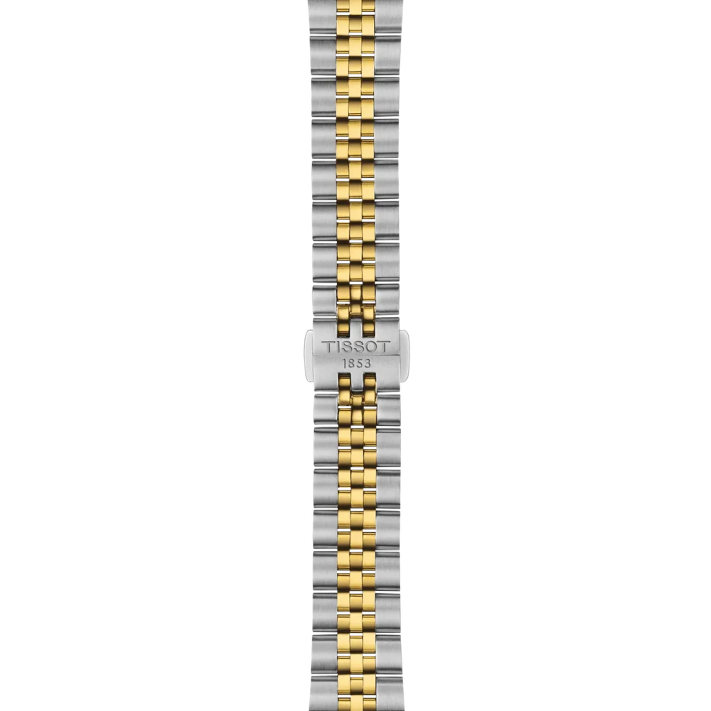 Tissot Ballade T156.210.22.031.00 two-tone stainless steel bracelet featuring polished yellow gold PVD centre links and Tissot engraved folding clasp.