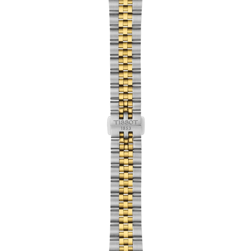 Tissot Ballade T156.210.22.031.00 two-tone stainless steel bracelet featuring polished yellow gold PVD centre links and Tissot engraved folding clasp.