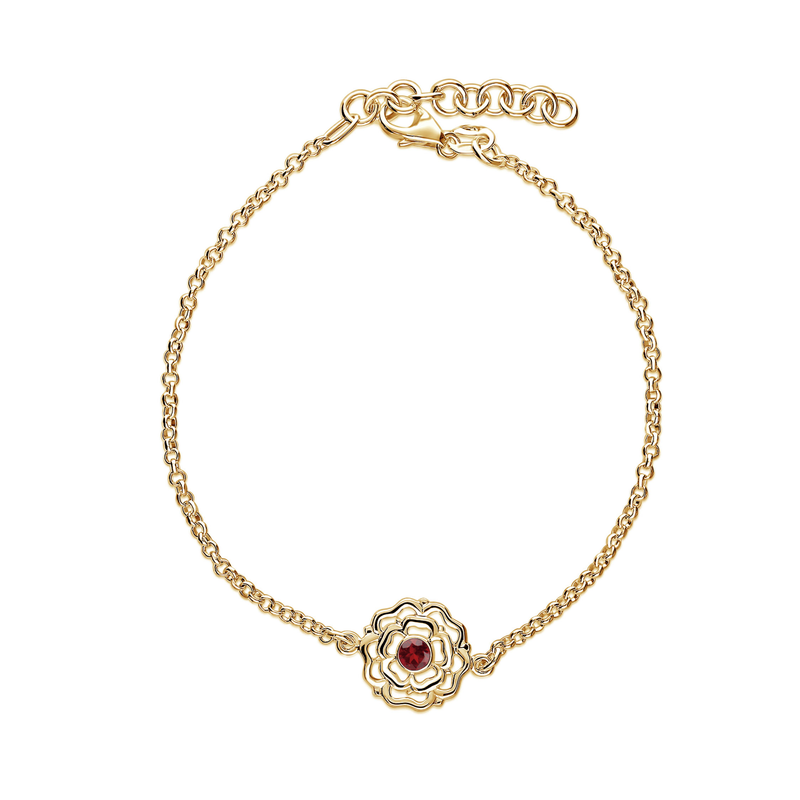 9ct Yellow Gold Garnet Small Yorkshire Rose Bracelet