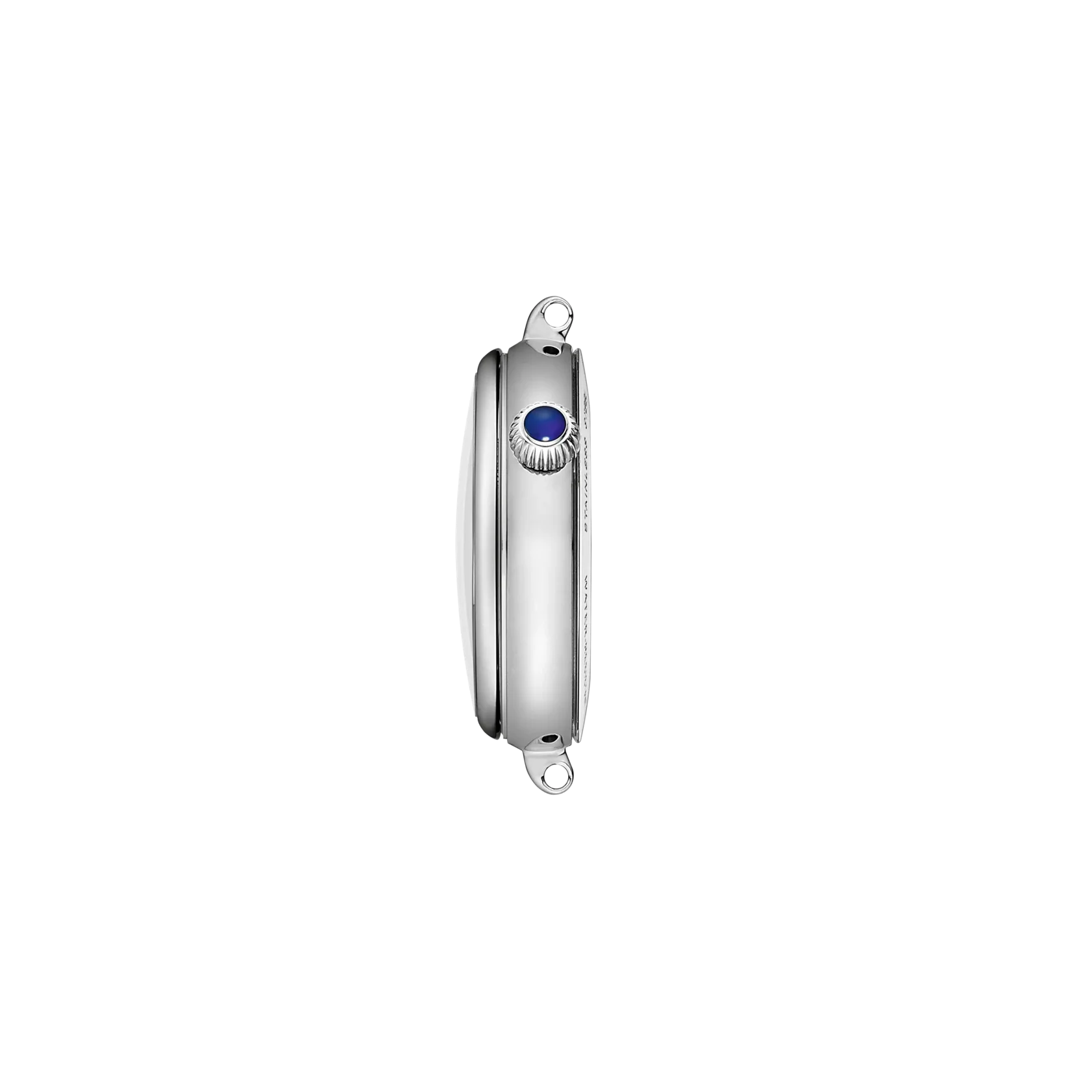 A slim silver-toned smartwatch shown in a side profile view against a solid white background, featuring a blue bezel-set crown button.