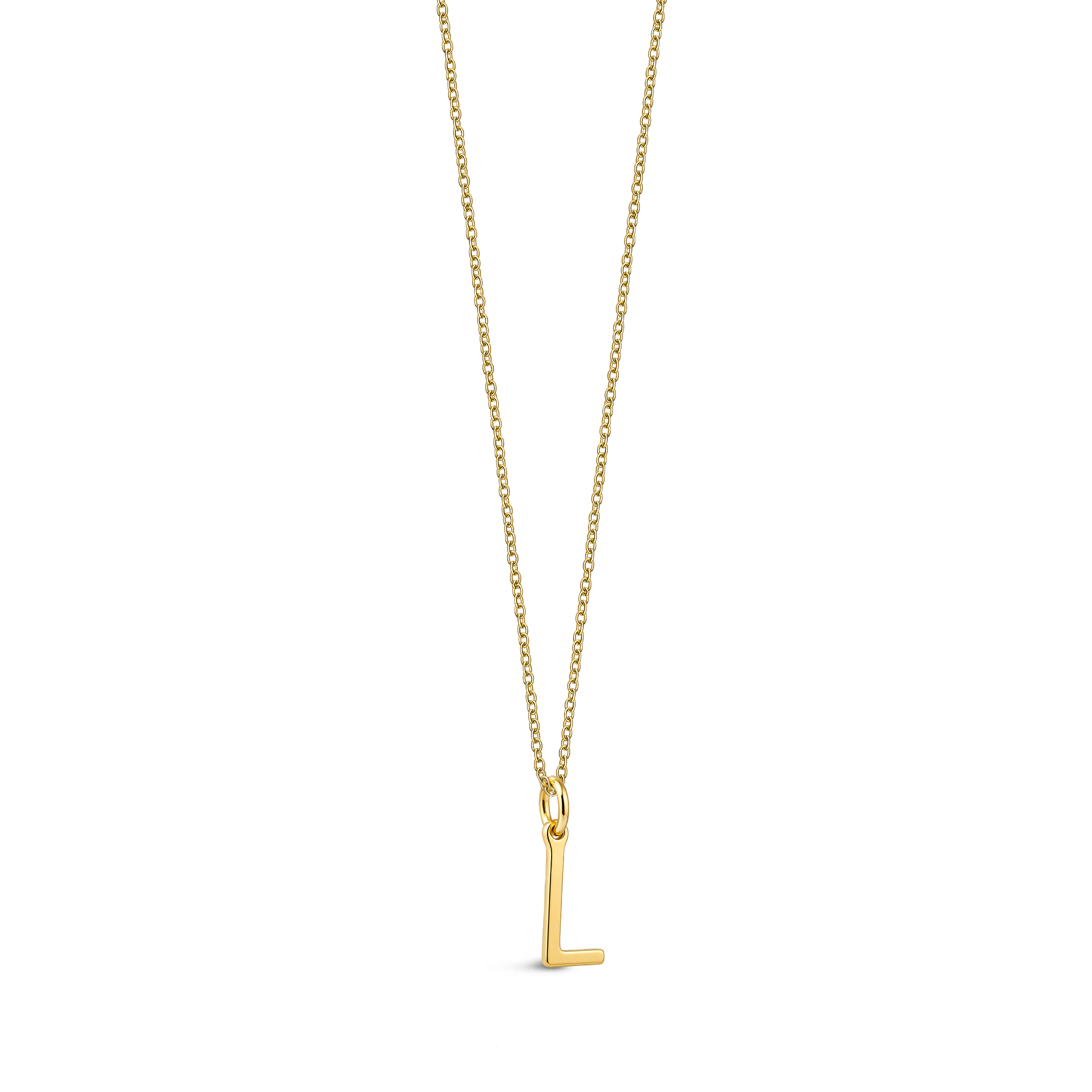 9ct Gold necklace with a 'L' pendant on a white background