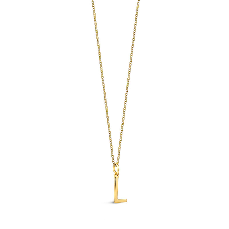 9ct Gold necklace with a 'L' pendant on a white background