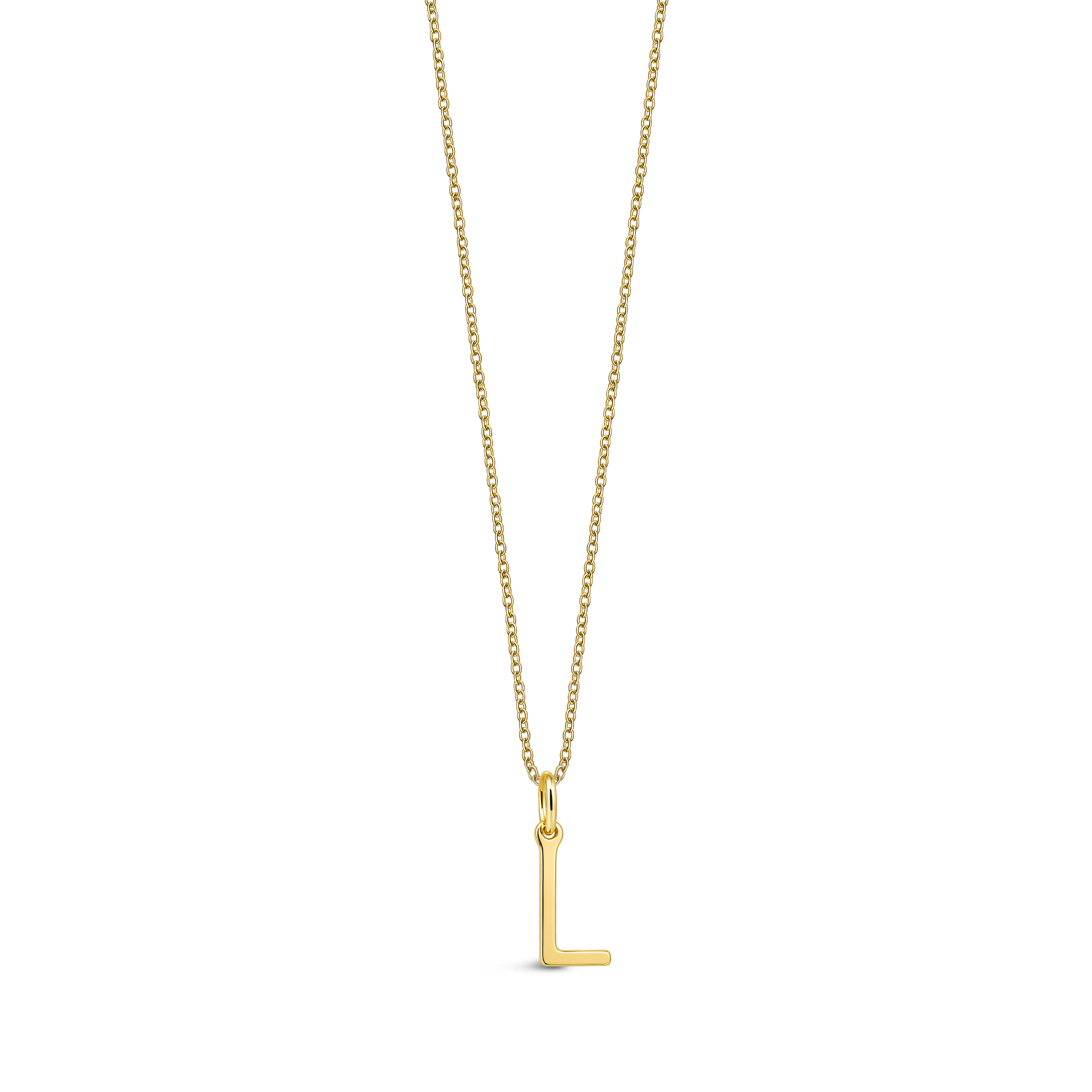 9ct Gold necklace with a 'L' pendant on a white background