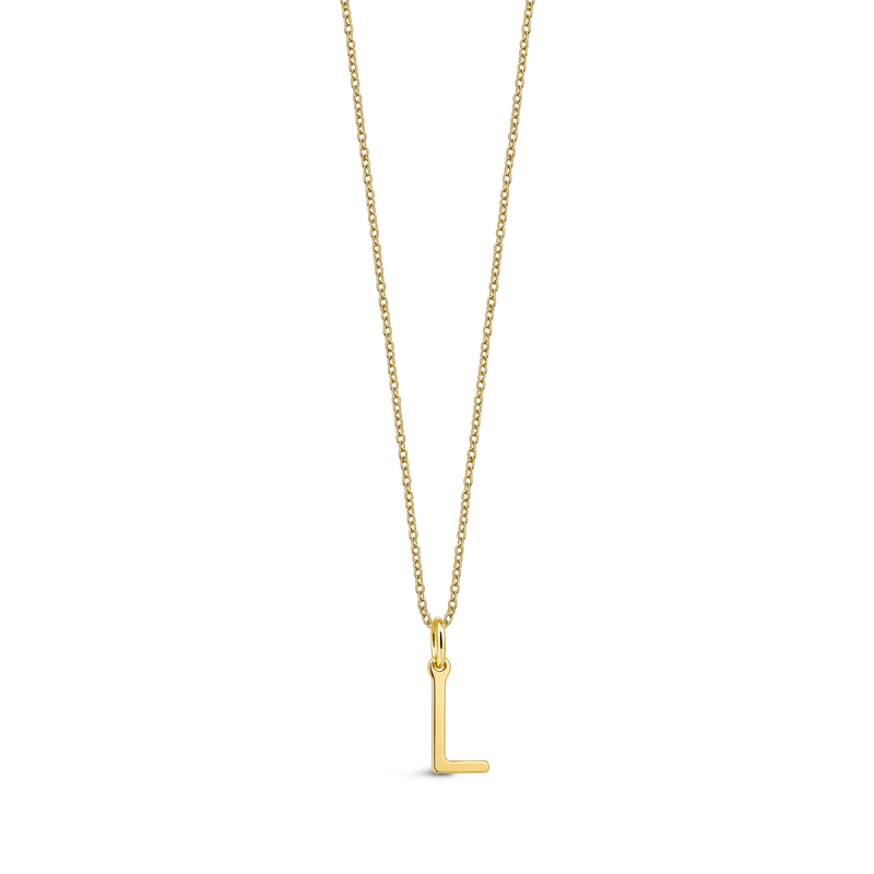 9ct Gold necklace with a 'L' pendant on a white background
