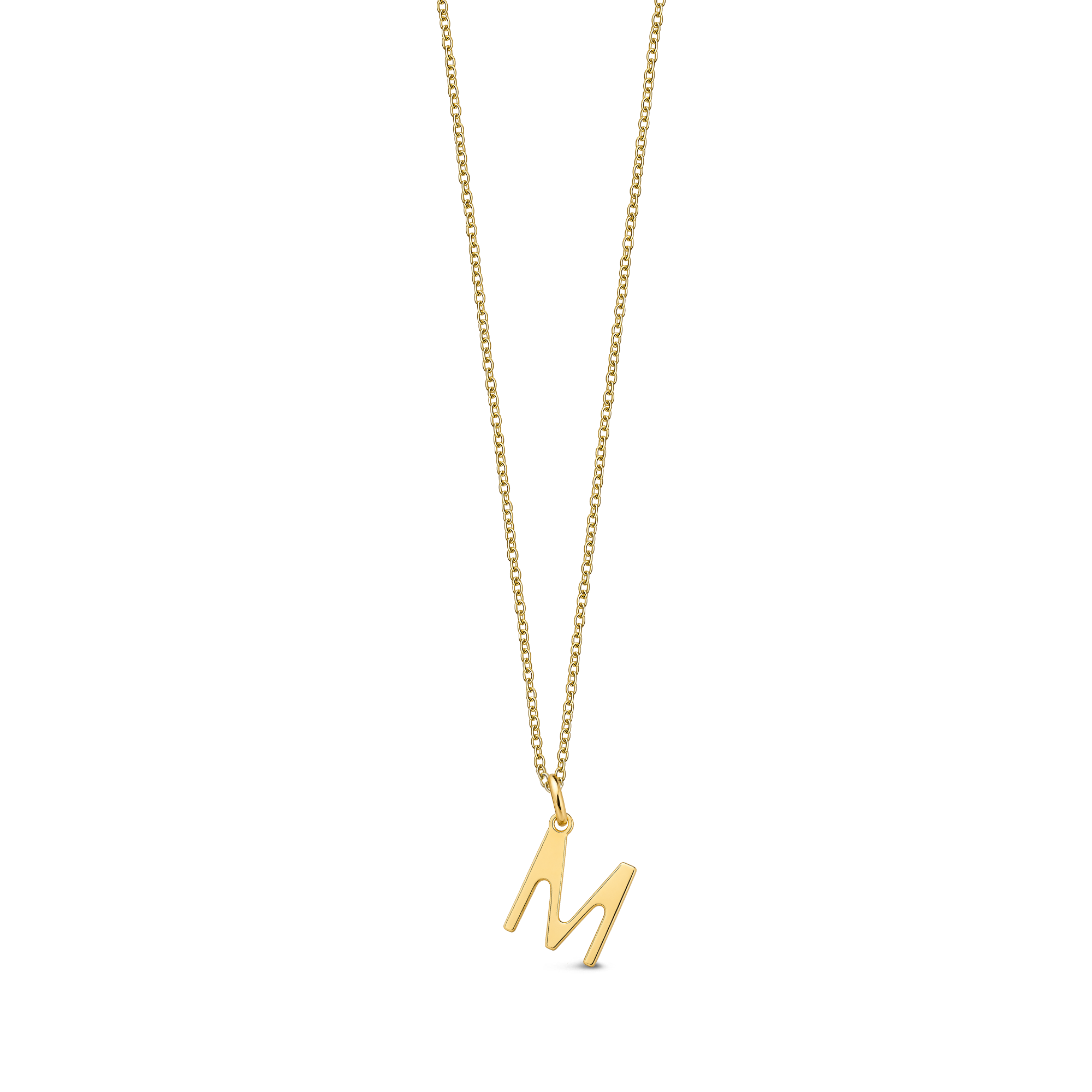 Gold necklace with a 'M' pendant on a white background