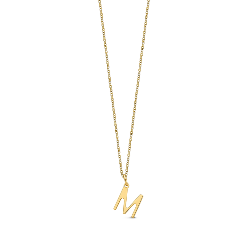 Gold necklace with a 'M' pendant on a white background