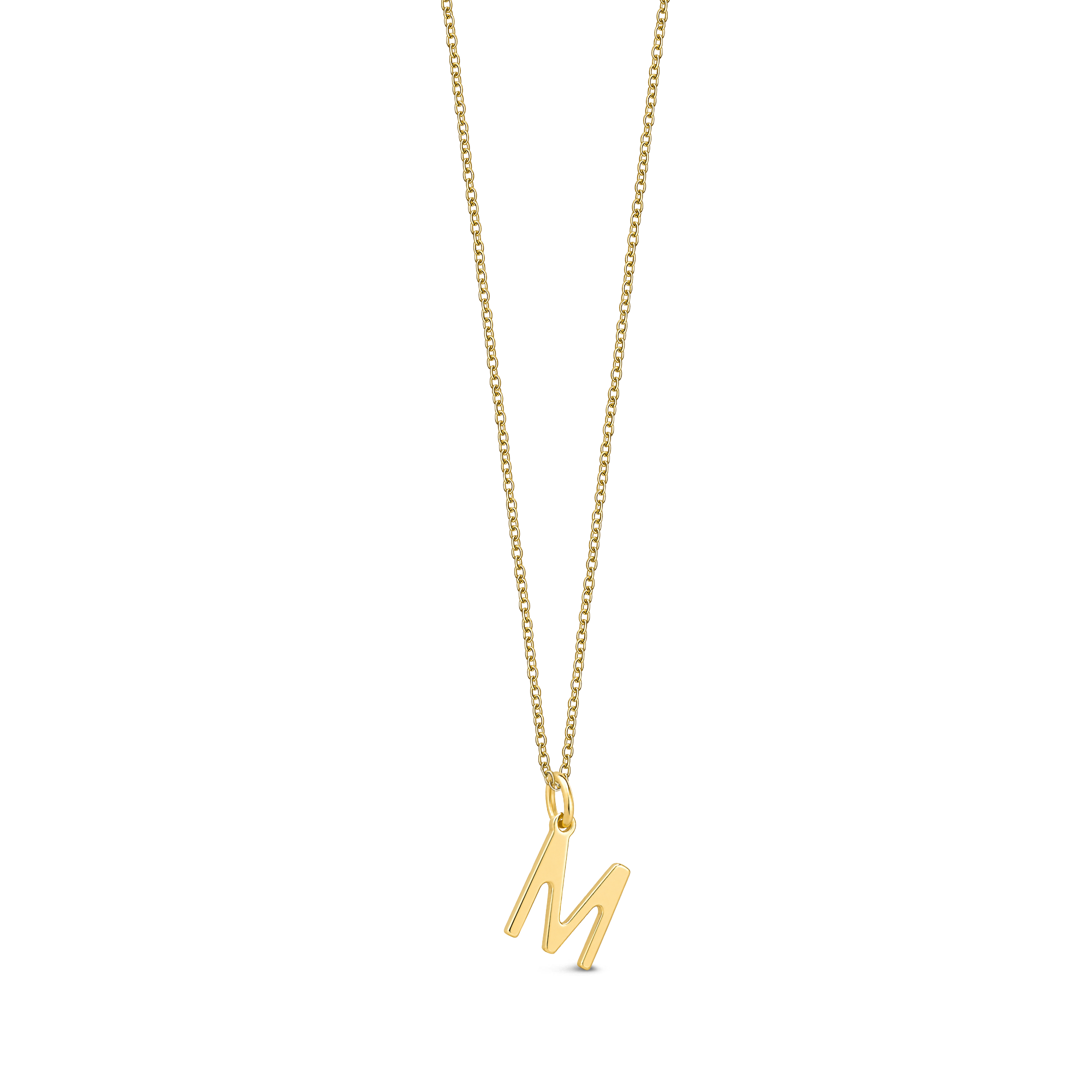 Gold necklace with a 'M' pendant on a white background
