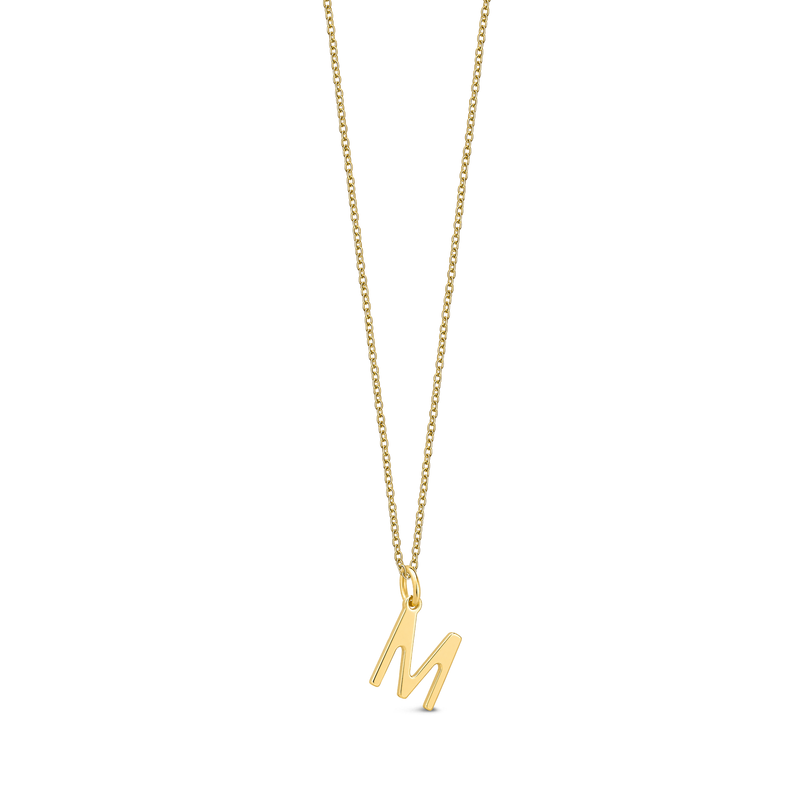 Gold necklace with a 'M' pendant on a white background