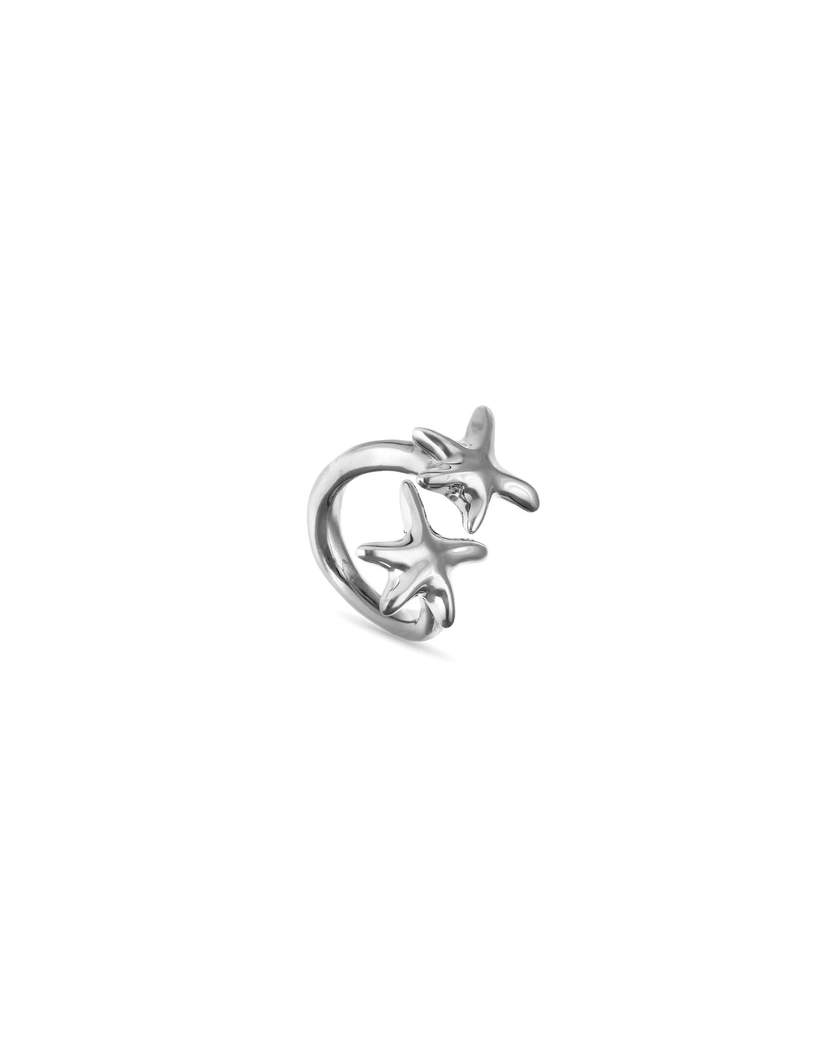 UNOde50 silver plated starfish ear cuff with double starfish design and polished organic finish.