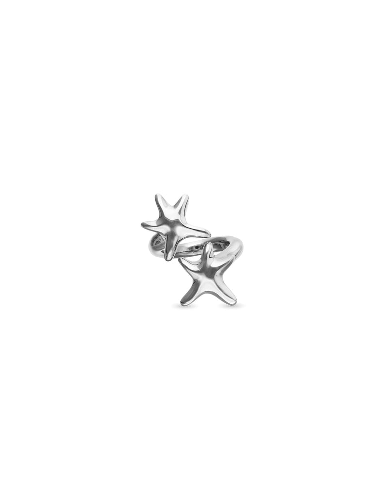UNOde50 silver plated starfish ear cuff with double starfish design and polished organic finish.