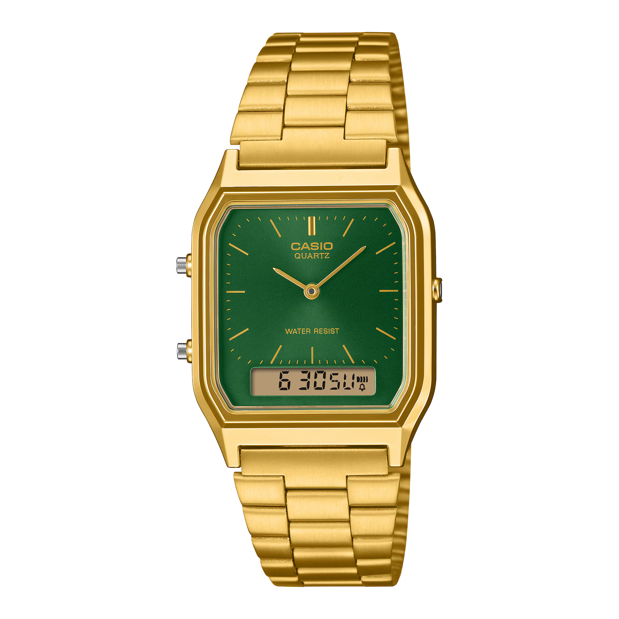 Casio Vintage AQ-230 gold-tone analogue-digital watch featuring a deep green sunray dial, rectangular case and matching gold-tone bracelet.