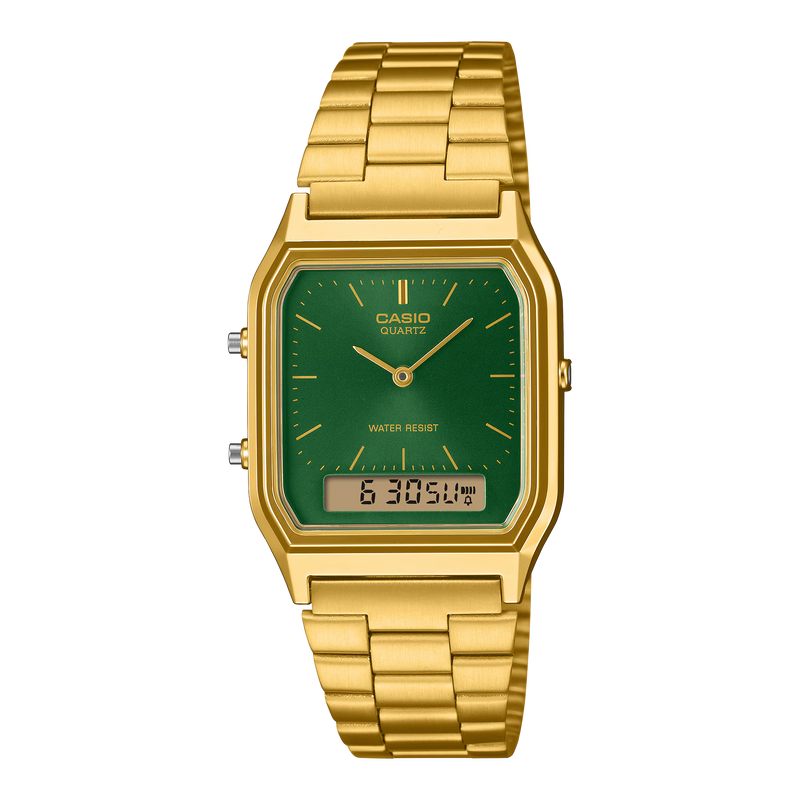 Casio Vintage AQ-230 gold-tone analogue-digital watch featuring a deep green sunray dial, rectangular case and matching gold-tone bracelet.