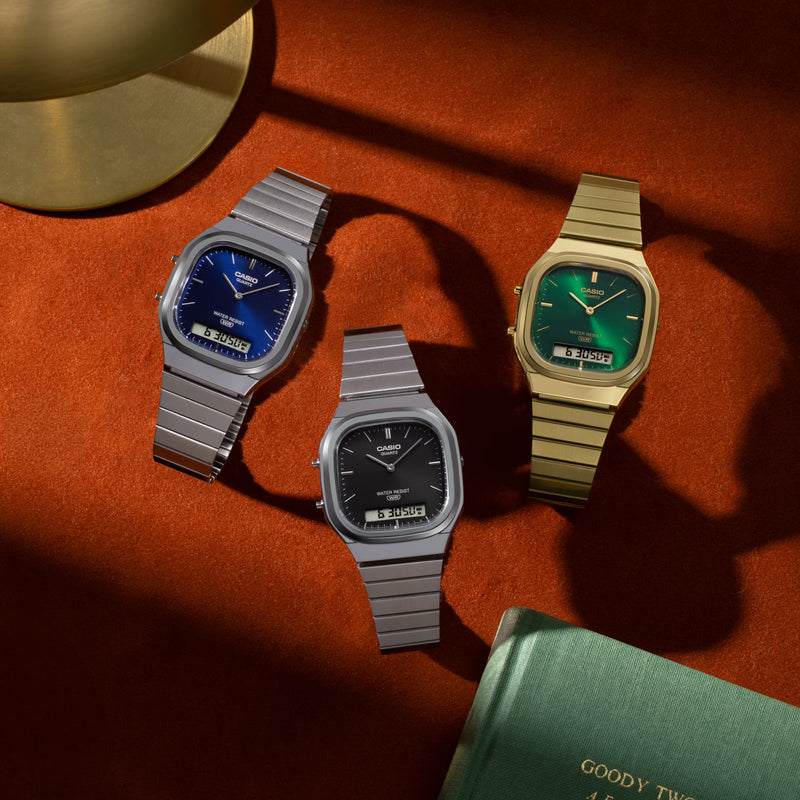 Casio Vintage AQ-240 collection featuring green, blue and black dial watches with retro-inspired designs and metal bracelets.