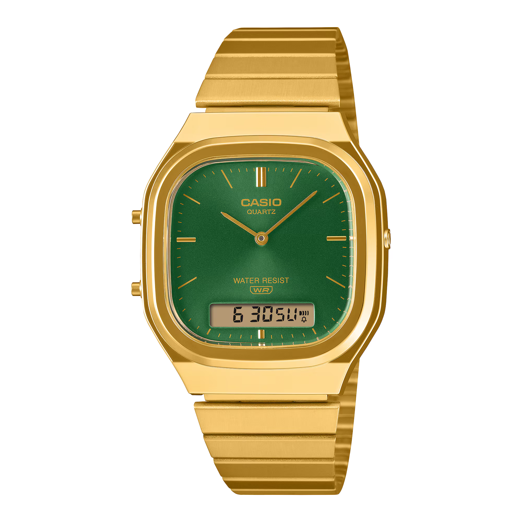 Casio Vintage AQ-240EG-3A gold-tone analogue-digital watch featuring a green sunray dial and matching gold-tone bracelet.