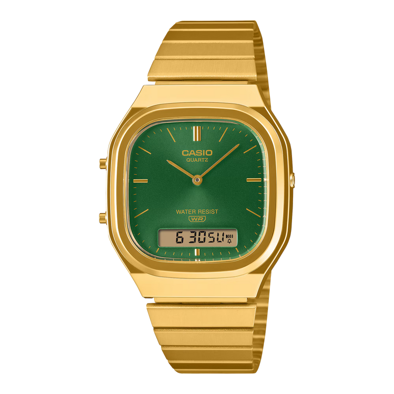 Casio Vintage AQ-240EG-3A gold-tone analogue-digital watch featuring a green sunray dial and matching gold-tone bracelet.