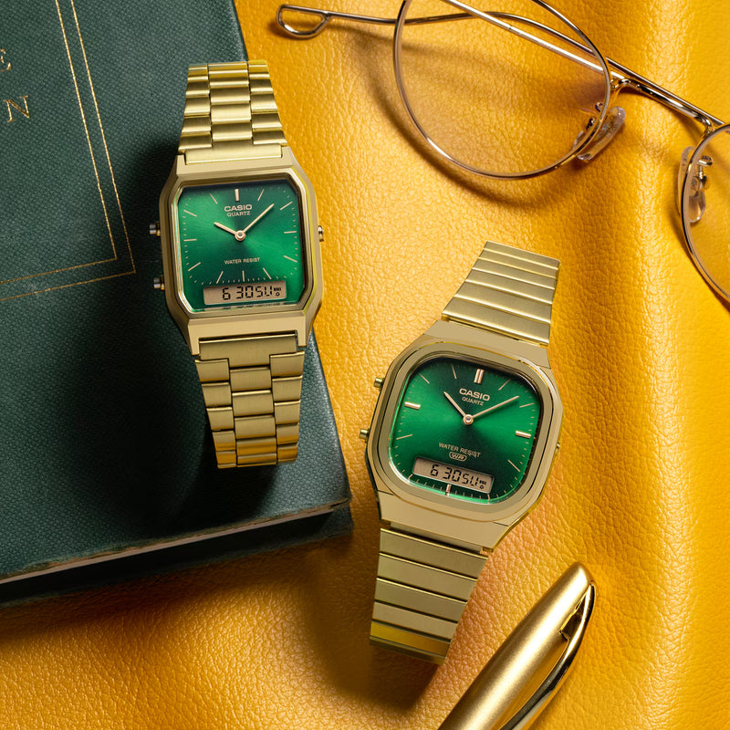 Two Casio Vintage gold-tone analogue-digital watches with green sunray dials.
